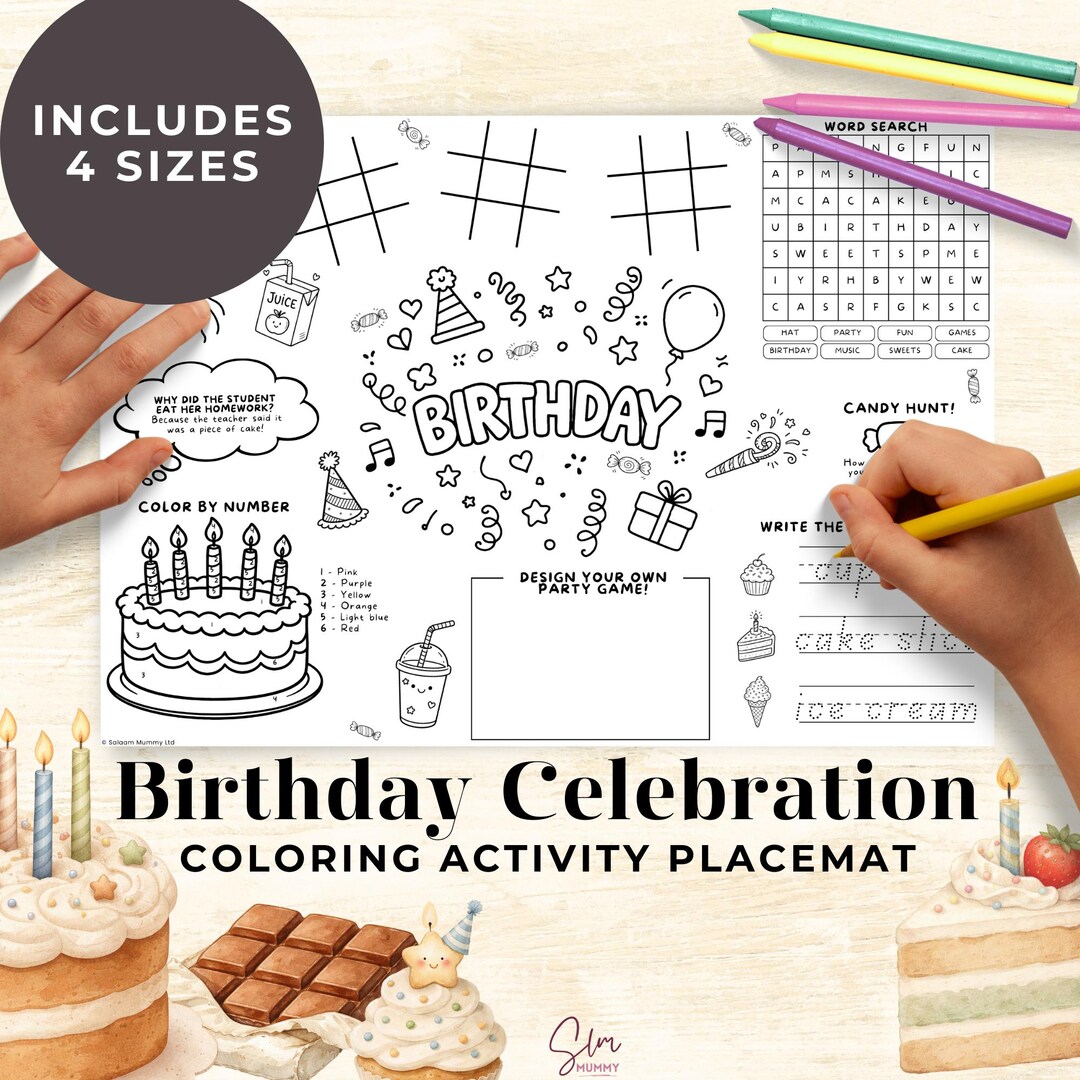 Birthday Celebration Coloring Activity Placemat for Kids, Printable ...