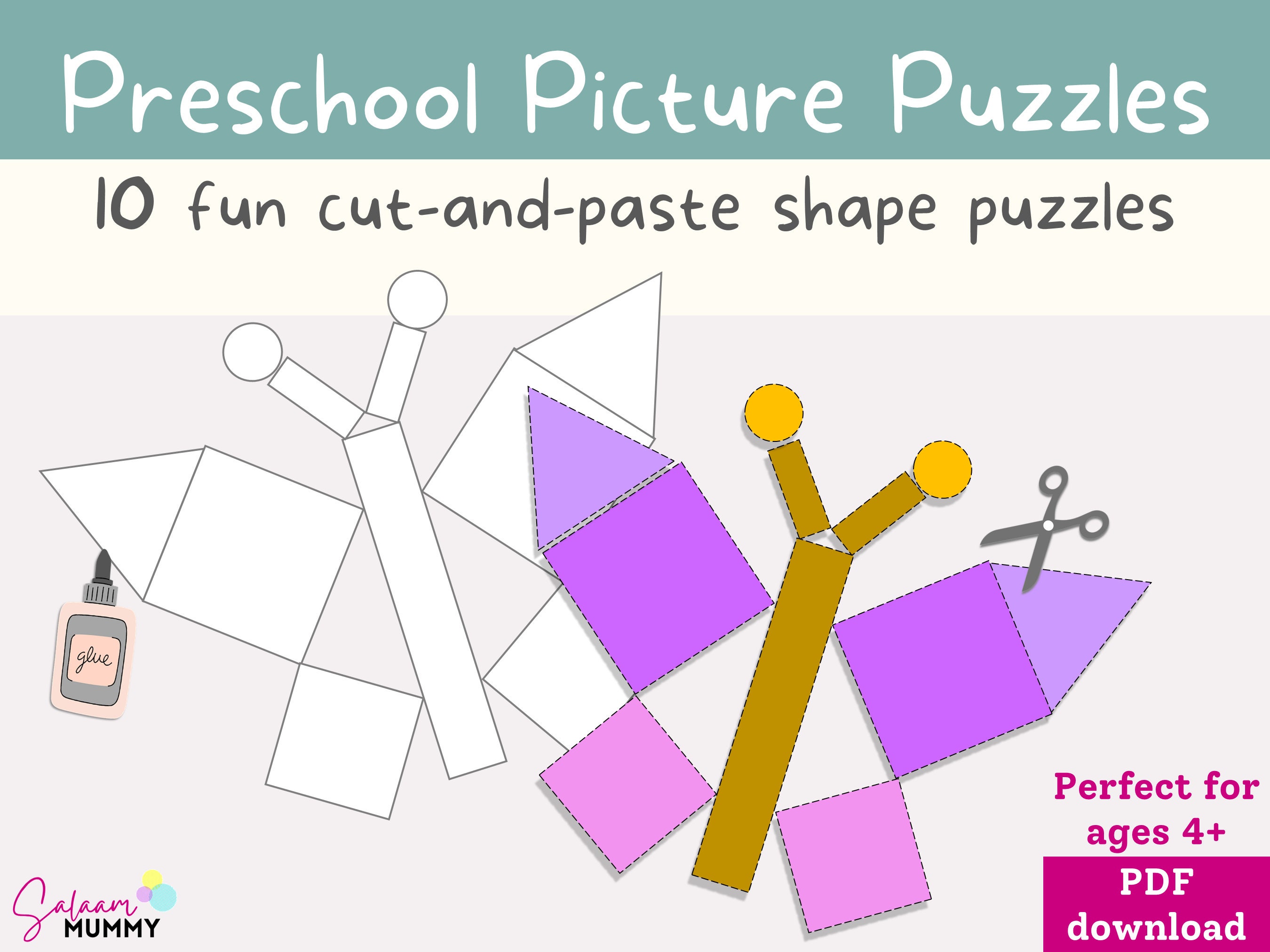Picture Puzzles Printable for Preschool & Kindergarten, Fine Motor Skills Kids Activities, Cut and Paste Tangrams, Scissor Skills Worksheets