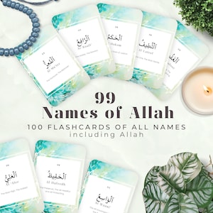 Tarjetas didácticas con los 99 nombres de Alá, Asma ul Husna, tarjetas islámicas imprimibles en verde azulado, traducción, educación para niños musulmanes, regalo de aprendizaje, 99NOA