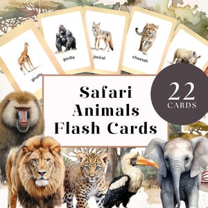May include: Safari Animals Flash Cards featuring watercolor illustrations of various animals like a giraffe, gorilla, and cheetah. The set includes 22 cards, perfect for educational use. The cards have a beige border.