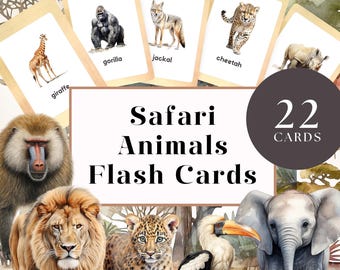 Tarjetas didácticas de animales de safari con imágenes realistas, juego de tarjetas de aprendizaje Montessori imprimibles para niños, unidad didáctica sobre vida silvestre y zoológico para la educación en casa.