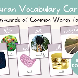 20 Tarjetas didácticas de palabras comunes del Corán para niños musulmanes / Árabe con traducción al inglés / Apoya el aprendizaje islámico / Archivo digital