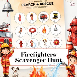 May include: A colorful "Firefighters Scavenger Hunt" game with illustrations of fire trucks, firefighters, and related items. The text "Little Firefighters Search & Rescue" is at the top. The game includes a Dalmatian dog and a fire hydrant.