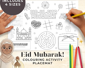 Mantel individual con actividades para el Eid para niños, página para colorear islámica imprimible, tiempo de tranquilidad para la educación en casa musulmana, actividad para la mezquita del Eid al-Fitr