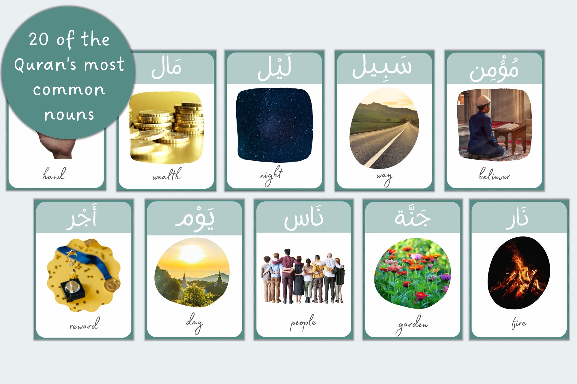 20 Quran Flashcards for Muslim Kids | Common Quran Vocabulary | Arabic and English | Learn ...