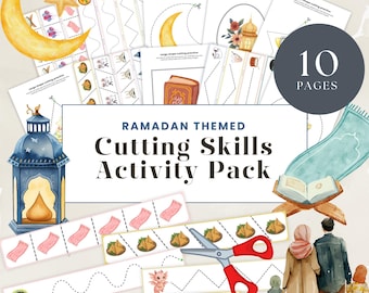 Ramadan Cutting Skills Activities, Printable Fine Motor Scissor Practice Pack for Little Muslims