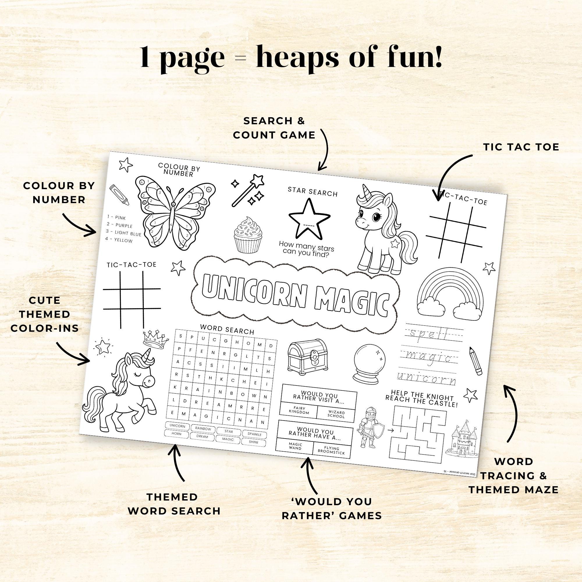 Unicorn Magic Coloring Activity Placemat for Kids, Printable Fantasy ...