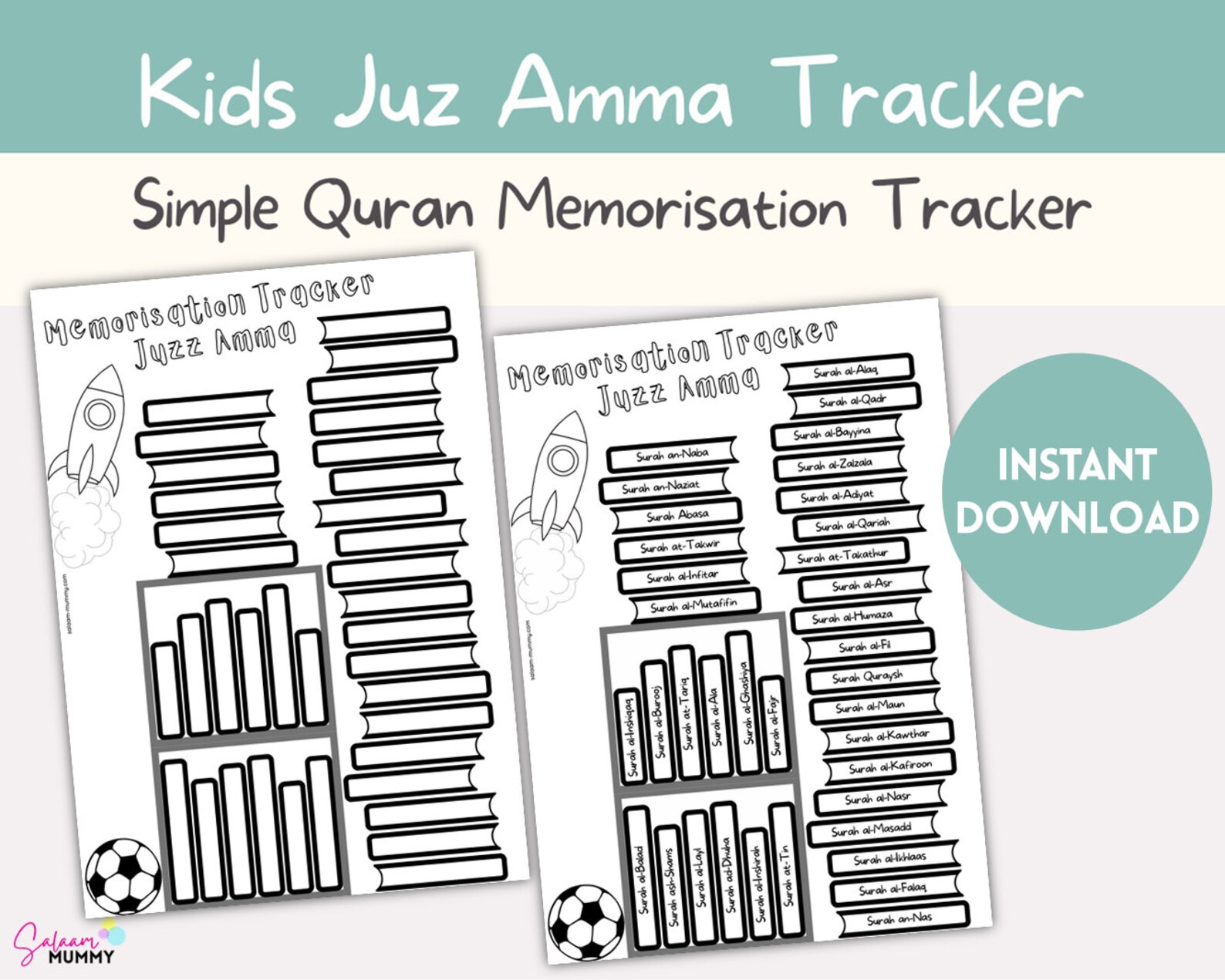 Printable Kids Juz Amma Quran Memorisation Tracker | Rocket + Football ...