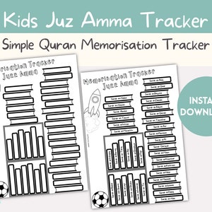 Rastreador de memorización del Corán Juz Amma para niños imprimible / Cohete + Diseño de fútbol / Rastreador de color en progreso para niños musulmanes / PDF
