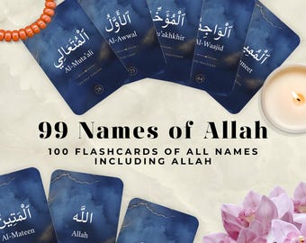 99 Names of Allah Flashcards, Navy Gold Asma ul Husna Cards, Printable Islamic Gift, Learning Resource for Muslims