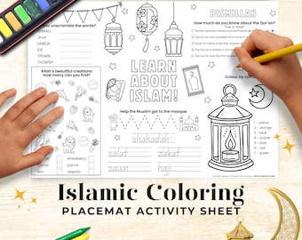 Islamic Kids Activity Sheet, Large Printable Coloring Page Placemat for Muslim Homeschool, Quran Learning, Eid or Ramadan Gift