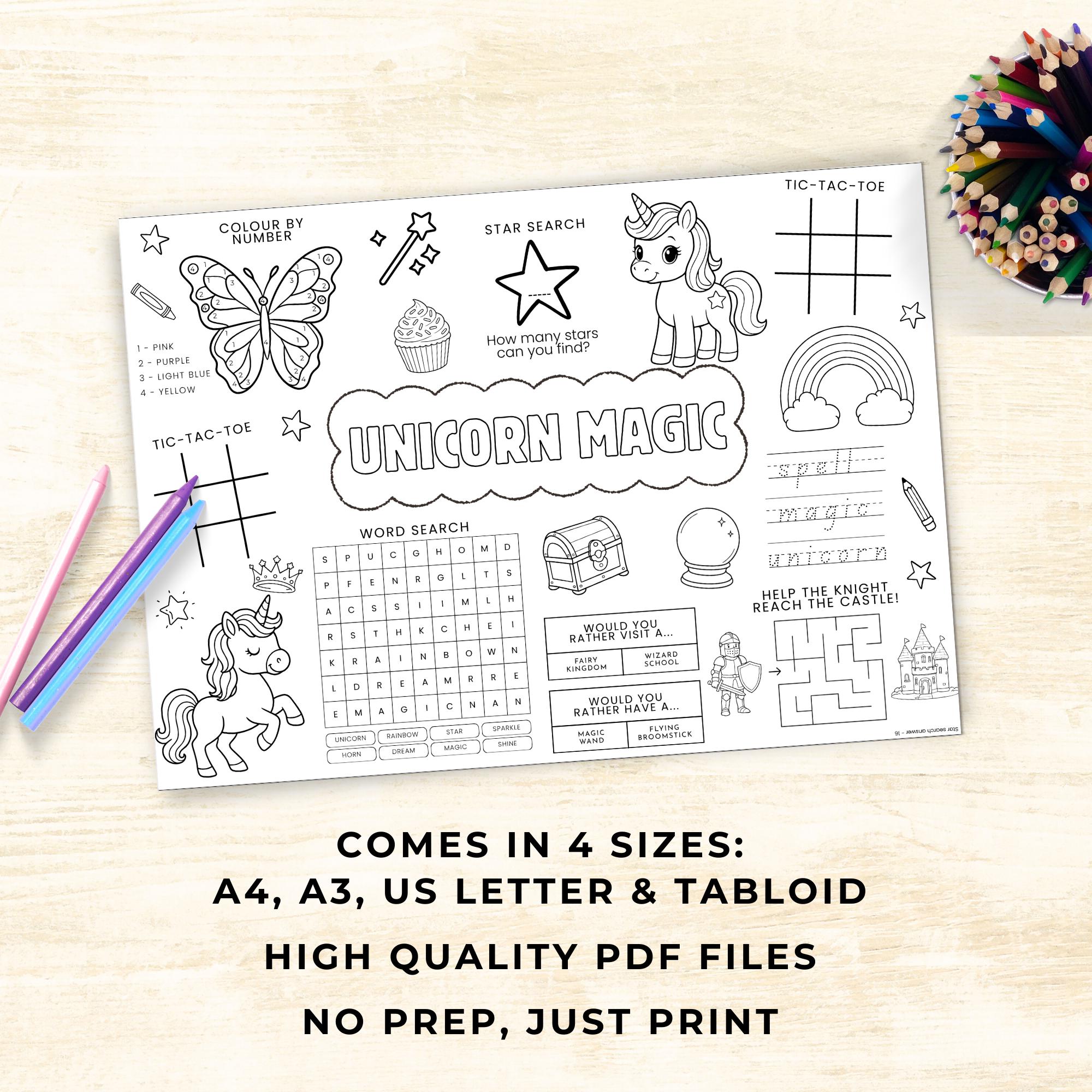 Unicorn Magic Coloring Activity Placemat for Kids, Printable Fantasy ...