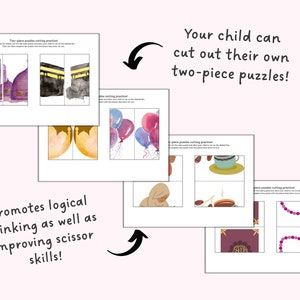 May include: A collection of two-piece puzzles with watercolor illustrations. The puzzles feature images of a mosque, the Kaaba, balloons, coffee, and a necklace. Text on the image says, "Your child can cut out their own two-piece puzzles!" and "Promotes logical thinking as well as improving scissor skills!"