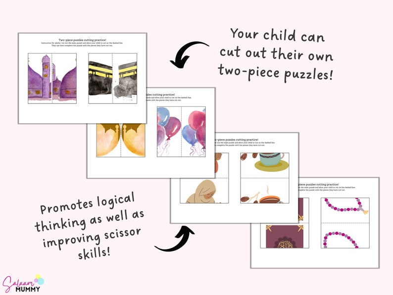May include: A collection of two-piece puzzles with watercolor illustrations. The puzzles feature images of a mosque, the Kaaba, balloons, coffee, and a necklace. Text on the image says, "Your child can cut out their own two-piece puzzles!" and "Promotes logical thinking as well as improving scissor skills!"