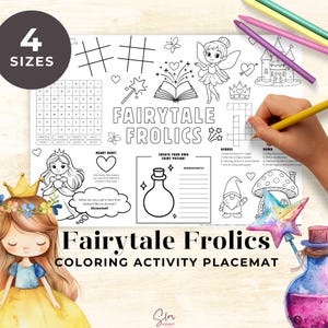Peut inclure: Un set de table d'activité de coloriage blanc avec le texte "Fairytale Frolics". Le set de table présente diverses illustrations sur le thème des contes de fées, dont une princesse, une fée, un château et une bouteille de potion. Comprend une recherche de mots et un mots croisés.