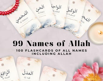 99 Names of Allah Cards, Printable Asma ul Husna Flashcards, Islamic Arabic Calligraphy Card Set, Ramadan, Eid or Nikkah Gift