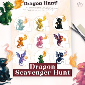 以下が含まれることがあります： 印刷可能な「ドラゴンハント」宝探しゲーム。 このゲームは、さまざまな色のドラゴンのカラフルなイラストを特徴とし、それぞれが火を吹いています。 テキスト「Dragon Scavenger Hunt」が下部に表示されます。