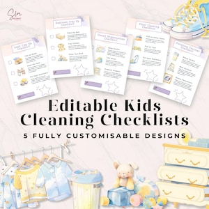 Lista de verificação de limpeza de quarto infantil editável, cartões de tarefas para impressão, organização familiar, habilidades para a vida das crianças, download digital, modelo Canva