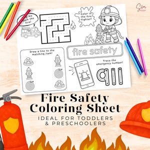 Könnte beinhalten: Ein schwarz-weißes "Fire Safety Coloring Sheet" mit einem Feuerwehrmann, einem Feuerwehrauto und Brandschutzausrüstung. Enthält ein Labyrinth, ein Zuordnungsspiel und eine Malaktivität. Buntstifte und ein Feuerwehrhelm sind sichtbar.
