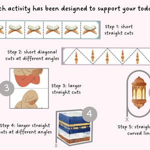 May include: Educational activity sheet for toddlers with watercolor illustrations. Includes cutting exercises with images of books, minarets, people praying, the Kaaba, and a lantern. Text reads: "Each activity has been designed to support your toddler..."