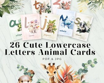 May include: 26 watercolor illustrations of lowercase letters with cute animals. Each card features a letter and an animal, such as a, alligator, b, bear, c, cat, etc. The cards are perfect for teaching children the alphabet and animal names.