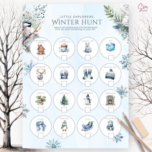 Puede incluir: Una hoja de actividades de Caza de Invierno para niños, con ilustraciones de acuarela de elementos temáticos de invierno como una casa de jengibre, un muñeco de nieve y un oso polar. Incluye el texto "LITTLE EXPLORERS WINTER HUNT".