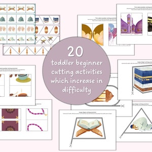 May include: A collection of 20 toddler beginner cutting activities. The pages feature illustrations of Islamic themes, including mosques, prayer beads, and the Kaaba. The text on the image reads "20 toddler beginner cutting activities which increase in difficulty."