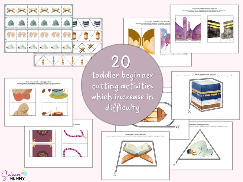 May include: A collection of 20 toddler beginner cutting activities. The pages feature illustrations of Islamic themes, including mosques, prayer beads, and the Kaaba. The text on the image reads "20 toddler beginner cutting activities which increase in difficulty."