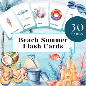 Puede incluir: Tarjetas didácticas de verano en la playa con 30 tarjetas. Las tarjetas presentan ilustraciones en acuarela de artículos con temática de playa como helado, una sombrilla, coral y una boya. Otros artículos de playa incluyen un castillo de arena, chanclas y un cubo.
