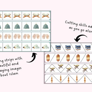 May include: Educational cutting strips featuring watercolor illustrations of Islamic symbols. The strips include images of the Quran, mosques, hands in prayer, and people praying. Text reads, "Cutting strips with beautiful and engaging images about Islam" and "Cutting skills advance as you go along!"