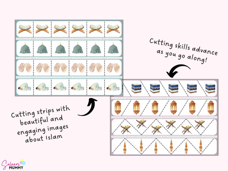 May include: Educational cutting strips featuring watercolor illustrations of Islamic symbols. The strips include images of the Quran, mosques, hands in prayer, and people praying. Text reads, "Cutting strips with beautiful and engaging images about Islam" and "Cutting skills advance as you go along!"