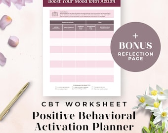 May include: A CBT worksheet titled "Boost Your Mood with Action" with a pink and white design. The worksheet includes sections for activities, mood tracking, and reflections. The text "CBT WORKSHEET Positive Behavioral Activation Planner" is at the bottom.