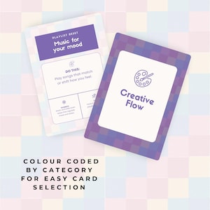 May include: Two cards with a purple and white design. One card reads "Music for your mood" and the other reads "Creative Flow". The text "Colour coded by category for easy card selection" is at the bottom.