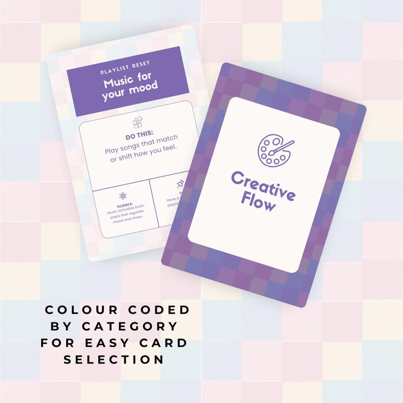 May include: Two cards with a purple and white design. One card reads "Music for your mood" and the other reads "Creative Flow". The text "Colour coded by category for easy card selection" is at the bottom.