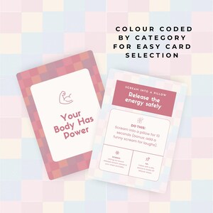 May include: Two cards with text and illustrations. One card reads "Your Body Has Power" with an arm icon. The other card says "Scream Into A Pillow" and "Release the energy safely". The background is a pastel color.