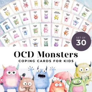 Monstertema OCD-hanteringskort för barn och tonåringar, digitala och utskrivbara set med 30 flashcards