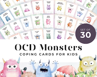 May include: A set of 30 OCD Monsters coping cards for kids. Each card features a unique monster illustration with a corresponding name, such as "The Drama Tower" and "Mean Words Attacker". The cards are designed to help children cope with OCD.