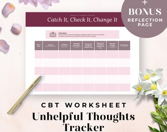 CBT Thought Record Worksheet, Reflection Prompts, Printable Mental Health Tools for Anxiety Relief, Self-Help Guide and Journaling