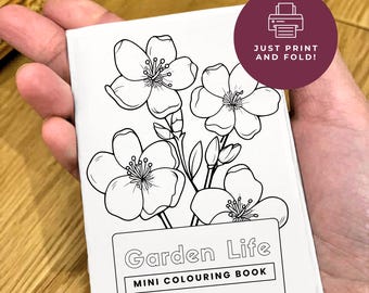 Mini Coloring Book: Garden Flowers, Birds & Bees, Printable DIY Foldable Activity Craft (Digital Download)
