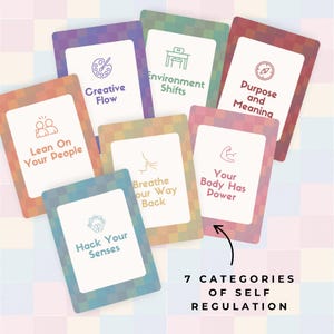 May include: A collection of seven colorful cards with various titles and icons, including "Creative Flow," "Environment Shifts," and "Purpose and Meaning." The cards are labeled "7 Categories of Self Regulation."