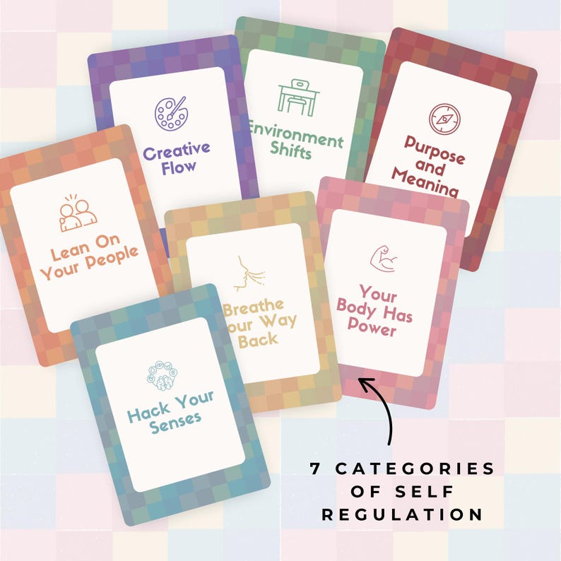May include: A collection of seven colorful cards with various titles and icons, including "Creative Flow," "Environment Shifts," and "Purpose and Meaning." The cards are labeled "7 Categories of Self Regulation."