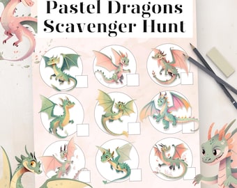 May include: A pastel-colored scavenger hunt sheet featuring illustrations of dragons. The sheet has a title that reads "Pastel Dragons Scavenger Hunt" and includes nine dragon illustrations in circles with blank spaces below them. Pencils and an eraser are in the background.