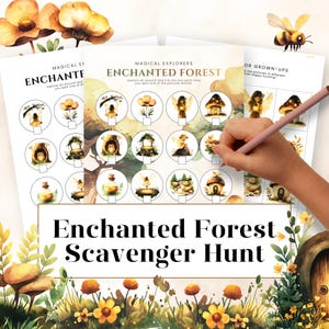 May include: A whimsical "Enchanted Forest Scavenger Hunt" game with illustrations of fairies, mushrooms, and woodland creatures. The game includes a checklist and is being marked with a pink pencil. The image has a watercolor style with floral and bee accents.