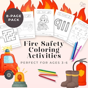 Puede incluir: Un paquete de 8 páginas de actividades para colorear sobre seguridad contra incendios para niños de 3 a 6 años. La imagen muestra un camión de bomberos rojo, páginas para colorear, crayones y un extintor.