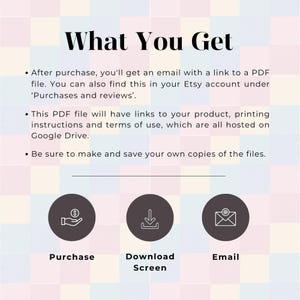 May include: A digital product information graphic with the title "What You Get." It includes bullet points about receiving a PDF file after purchase, and three circular icons labeled "Purchase," "Download Screen," and "Email."