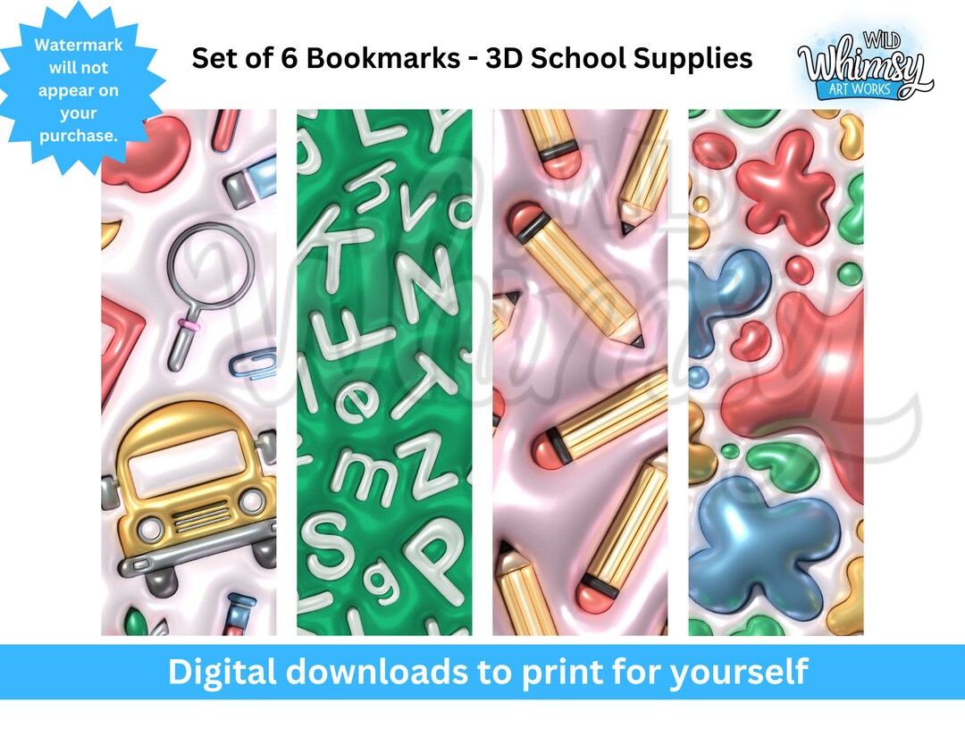 Set of 5 Printable Bookmarks: Fun 3D Puffy School Supply Graphics, Back ...