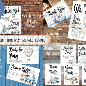Auto's, treinen, boten en meer -- transport babyshowerbundel: uitnodiging, bedankkaart, spelletjes, bewegwijzering, luierloterij, enz. Afdrukbaar