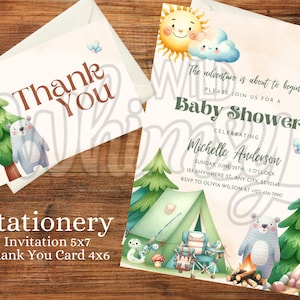 Faire-part en toile modifiable pour baby shower de camping amusant et mignon et carte de remerciement téléchargeable « Done for you »
