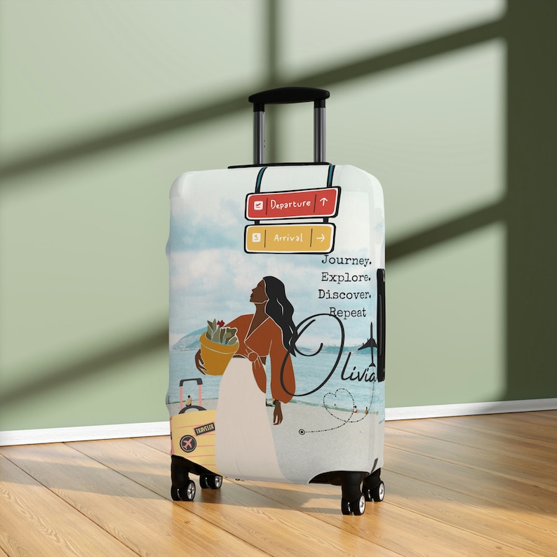 Personalized Luggage Cover, Black Woman Travel, Luggage Protector, Custom Name Text Monogram