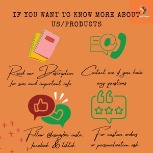 May include: Orange background with a graphic illustration of a notebook, a phone with an email icon, a thumbs up and heart, and a speech bubble with three stars. The text reads "IF YOU WANT TO KNOW MORE ABOUT US/PRODUCTS Read our Description for size and important info Contact me if you have any questions Follow @desovybe insta, facebook & tiktok For custom orders or personalization ask"